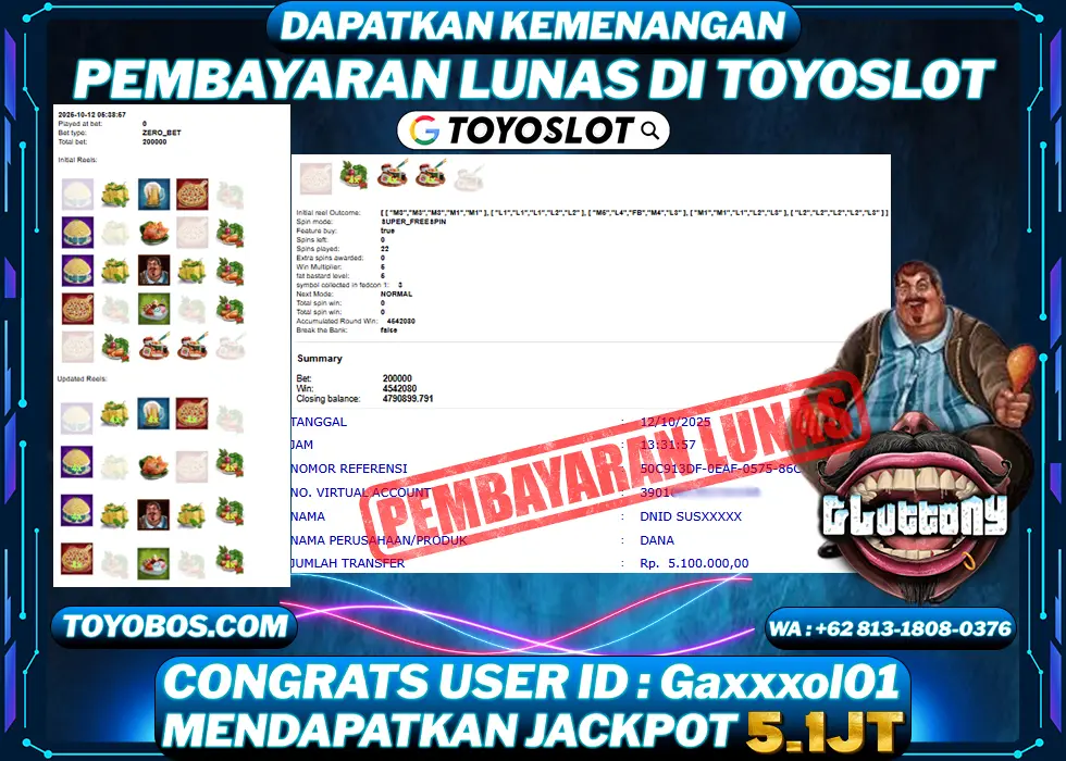 TOYOSLOT - BUKTI KEMENANGAN Gluttony Rp5,100,000,- LUNAS